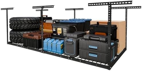 FLEXIMOUNTS 4x8 Overhead Garage Storage Rack, Adjustable Organization System, Heavy-Duty Metal Ceiling Racks, 750lbs Weight…