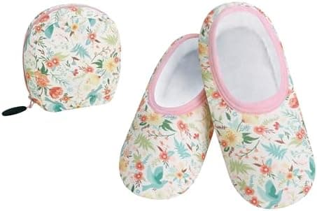 Snoozies Skinnies Packable and Foldable Travel Slippers for Women with Zipper Pouch, Soft Sherpa-Lined Slipper Socks Non-Skid