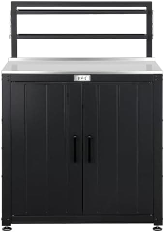 Feasto Outdoor Potting Bench Table with Storage Cabinet, Black | Stainless Steel Garden Workstation, Raised-Edge Top, Adjustable…