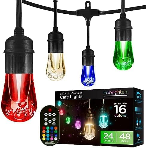 Enbrighten Vintage Outdoor String Lights, 48ft, 24 RGB Acrylic Bulbs, Weatherproof, RF Remote Control, Perfect for Holidays…