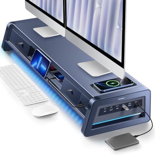 Vaydeer All-in-One Dual Monitor Stand Riser with 2 Drawers, 8USB Ports and Wireless Charging Pad with LED Light Strip for 2…
