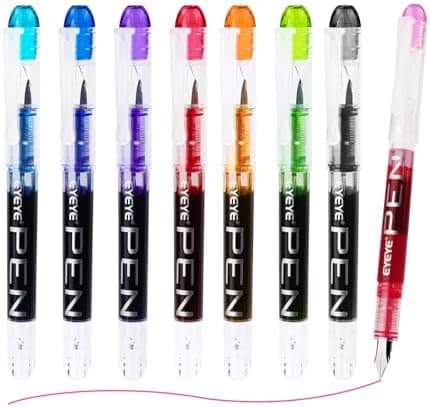 EYEYE Disposable Fountain Pens, 8 Pack Multicolor Fine Point Fountain Pens for Writing, Stainless Steel Nib…