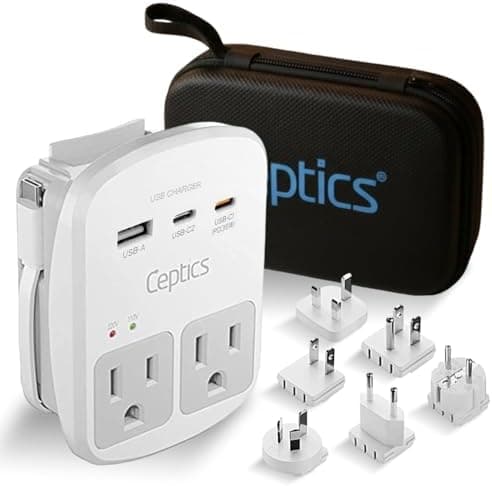 Ceptics 35W Universal Travel Adapter Kit – 2 USA sockets, USB-A, USBC, 1x PD 35W USB-C and USBC Cable, Surge Protected, Plugs for…