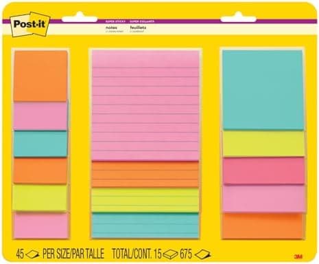 Post-it Super Sticky Notes, 15 Sticky Note Pads, Multi-Size., Back to School Supplies, Office Products, 2X the Sticking Power…