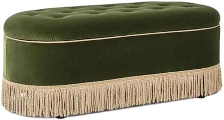 Jennifer Taylor Home Elara 48.5" Oval Tufted Bullion Fringe Storage Bench, Olive Green Performance Velvet