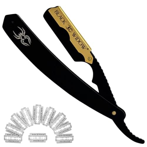 Black Widow Professional Straight Razor – Matte Black & 24K Gold plated finish Barber Razor for Men – Swing Lock Grip, Stainless…