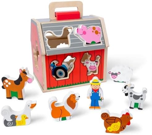 Melissa & Doug Take-Along Wooden Toy Barn, 11-Pc Portable Toddler Playset with Farm Animals & Pop-Up Roof, Preschool Learning…