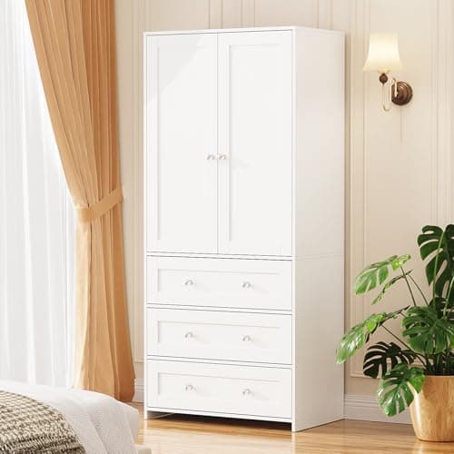 VOWNER Armoire Wardrobe Closet with Drawers and Mirror, 71" Clothing Storage Cabinet with Hanging Rod, 2 Doors Wooden Wardrobe…