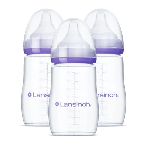 Lansinoh Anti-Colic Baby Bottles, BPA-Free Plastic, 8 Ounces, 3 Count, Medium Flow Nipples (Size M)…