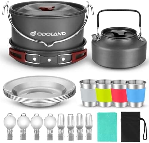 Odoland 22pcs Camping Cookware Mess Kit, Large Size Hanging Pot Pan Kettle with Base Cook Set for 4, Cups Dishes Forks Spoons Kit…