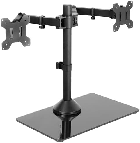 VIVO Freestanding Dual Monitor Stand with Sleek Glass Base and Adjustable Arms, Mounts 2 Screens up to 32 inch and 22 lbs Each…