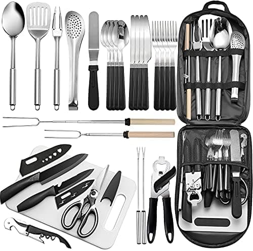 Portable Camping Kitchen Utensil Set-27 Piece Cookware Kit, Stainless Steel Outdoor Cooking and Grilling Utensil Organizer Travel…