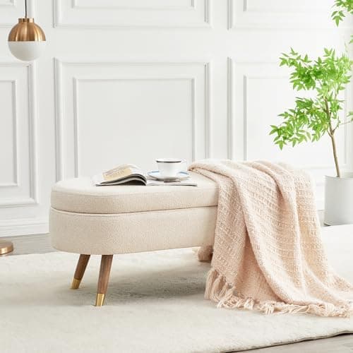 IAFIKE Oval Storage Bench 43.5" Ottoman Bench Upholstered Boucle Fabric Footrest Bench with Golden Metal Legs…