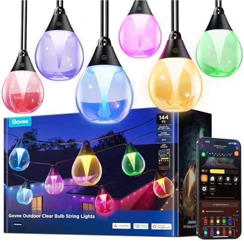 Govee Clear Bulb Outdoor String Lights 144ft, RGBWIC Smart Outdoor Lights with 45 Dimmable LED Bulbs, 111…