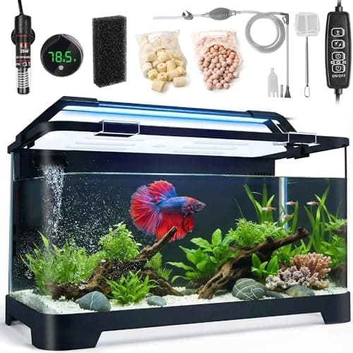 3.5 Gallon Betta Fish Tank, All in One Aquarium Starter Kits with Back Filter, Adjustable Pump, 25W Heater, LED Thermometer, LED…