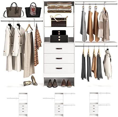 Armocity 96" Wood Closet System with 3 Enclosed Drawers & 3 Solid Shelves, 8FT Adjustable Closet Organizers and Storage, Heavy…