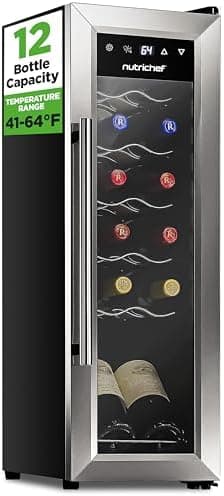 Nutrichef 12 Bottle Stainless Steel Slim Wine Fridge | Red & White Wine Chiller | Adjustable Temperature Control, Ultra Quiet…