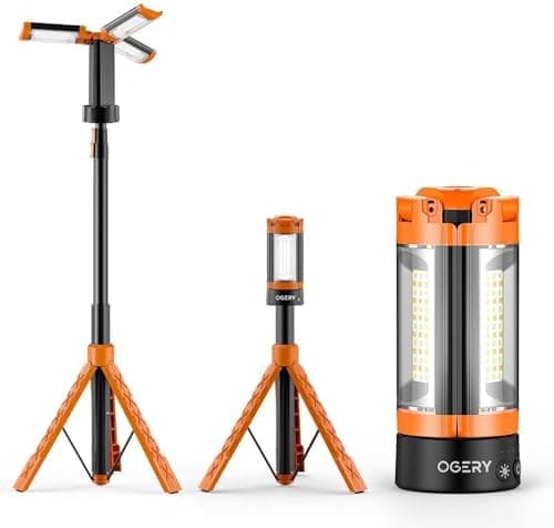 OGERY Rechargeable 10000mAh Camping Light with Stand 6.0 ft Max Height, Cordless Work Light with 3 LED Lamp Heads, 2200 Lumens…