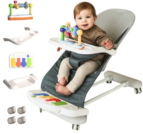 CuddoBaby Baby Bouncer 4-in-1 on Wheels, Detachable Pianos, Feeding Tray, 3-Level Recline Foldable Seat with Play Bar for Infant…