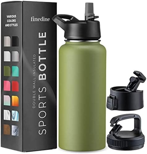 FineDine Water Bottle - Stainless Steel Insulated Water Bottle with Straw Lid, Flip Lid & Wide-Mouth Cap - Keeps Hot and Cold…