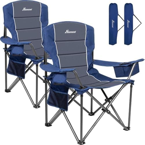 Romswi Oversized Camping Chairs,Heavy Duty Support 500 LBS,Padded Back & Arm Sport Chairs, Cup Holder Cooler Bag, Collapsible…