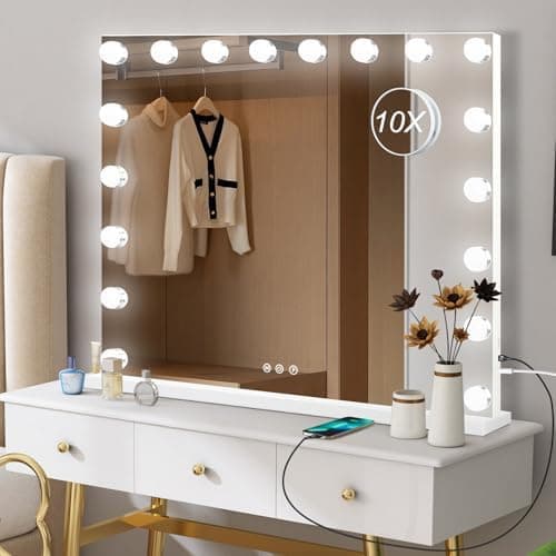 Moonee Vanity Mirror with Lights, Hollywood Lighted Makeup Mirror with 18 Dimmable Bulbs and 10X…