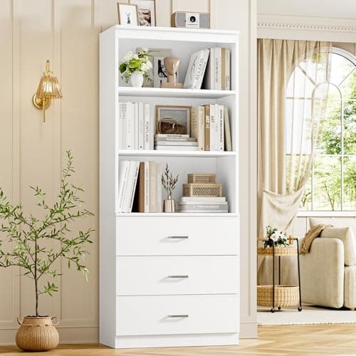 FOTOSOK 71" H White Bookshelf with Drawers, Bookshelf and Bookcase with 3-Tier Open Shelves, Tall Bookcase Tall Storage Cabinet…
