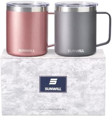 SUNWILL Travel Coffee Mug with Lid, Insulated Tumbler with Handle, 14 oz Stainless Steel Cup Set of 2 for…