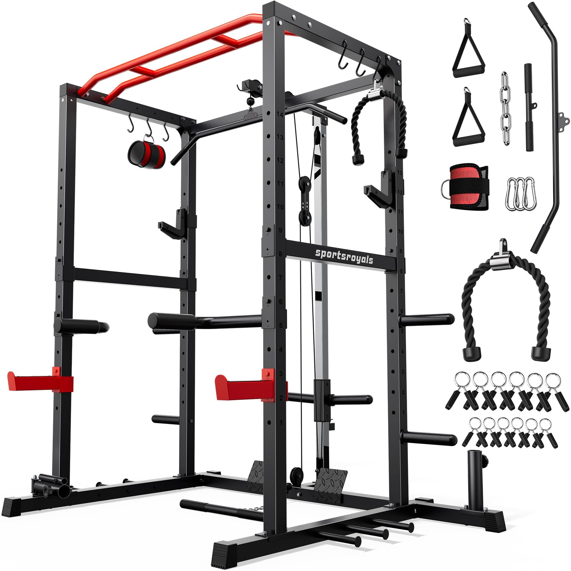 SPORTSROYALS Power Rack, Multi-Functional Power Cage, Squat Rack with Pulley System & LAT Pull Down, Workout Cage with J Hooks…