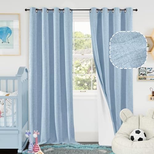 Lajode Blue Linen Blackout Curtains for Kids Bedroom Nursery 84 Inch Length 2 Panels, Thermal Insulated Full Room Darkening Noise…