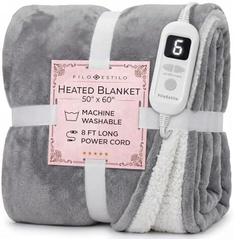 FILO ESTILO Electric Heated Throw Blanket 50"x60", 8ft Cord, 6 Heat Levels, Auto Shut Off, Machine…