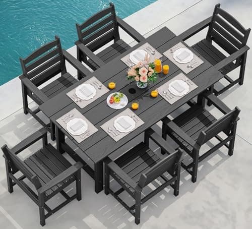SERWALL 7-Piece Patio Dining Table Sets, Outdoor HDPE Dining Furniture Set with Umbrella Hole…