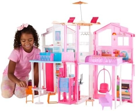 Barbie 3-Story Townhouse Dollhouse with Elevator, Swing Chair, Furniture and Accessories, Fold for Portability and Travel (Amazon…