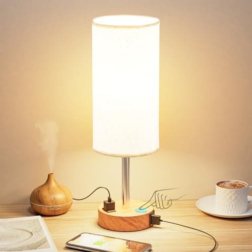 Fenmzee Bedside Table Lamp for Bedroom - 3 Way Dimmable Touch Lamp USB C Charging Ports and AC Outlet, Small…