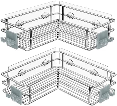 Nieifi Corner Shower Shelves Stainless Steel, Adhesive Shower Caddy Basket Rack with Hooks, Rust Proof for Bathroom Shelf Shampoo…