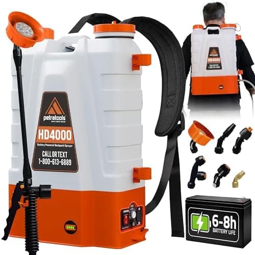 PetraTools Battery Powered Backpack Sprayer 4 Gallon - 6 Hours Long Battery Life & Padded Straps for Comfort - HD4000 Electric…