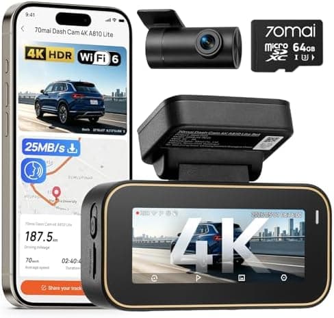 70mai A810 Lite 4K Dash Cam Front and Rear, 5GHz Wi-Fi 6 DashCam, Car Camera 4G LTE Remote Access, GPS Tracking, HDR Night…