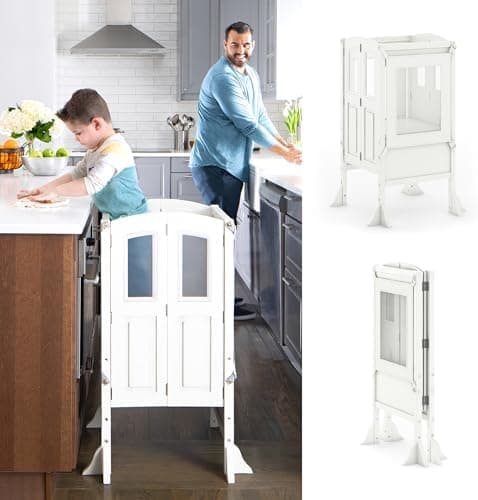 Martha Stewart Kitchen Helper Toddler Tower by Guidecraft - Linen White | Foldable Wooden Learning Toddler…
