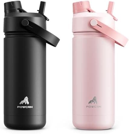 POWCAN 2 Pack 18 oz Kids Insulated Water Bottle for School: Leakproof, 2-in-1 Straw Spout Lid, BPA-Free, Keep Cold 24 Hrs…