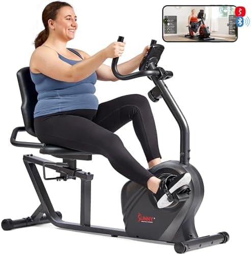 Sunny Health & Fitness Smart Recumbent Bike, Wide Cushioned Seat & Back, Indoor Cycling Machine for…