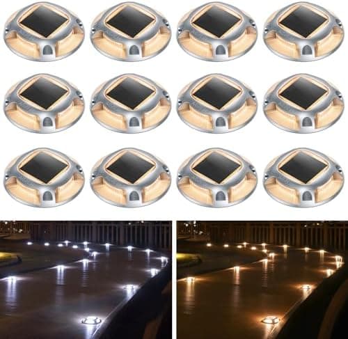 AGPTEK Solar Driveway Lights Outdoor 12 Pack, 2 Color Modes LED Deck Dock Marine Waterproof…