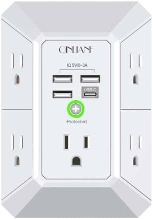Wall Charger, Surge Protector, QINLIANF 5 Outlet Extender with 4 USB Charging Ports, 3-Sided 1680J Power Strip Multi Plug Adapter…