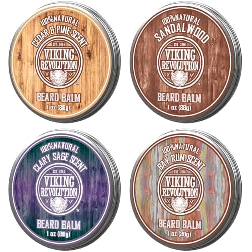 Viking Revolution 4 Beard Balm Variety Pack (1oz Each) - Sandalwood, Pine & Cedar, Bay Rum, Clary Sage - Styles, Strengthens and…