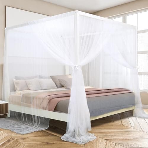 South to East White Canopy Bed Curtains, 4 Corner Post Bed Canopy for Girls & Adults, Top Luxurious Bed Drapes for Bedroom…