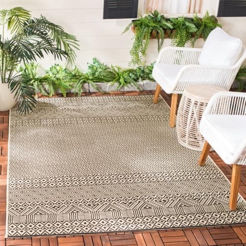 SAFAVIEH Washable Rug Outdoor Courtyard Collection - 5'3" x 7'7", Beige & Black, Non-Shedding & Easy Cleaning, Ideal for Patio…