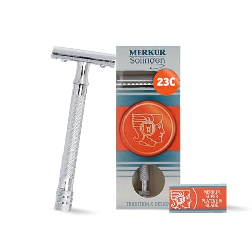 MERKUR 23C Double Edge Safety Razor - Polished Chrome, Long Knurled Brass Handle, Made in Germany, Plastic-Free, Three Piece…