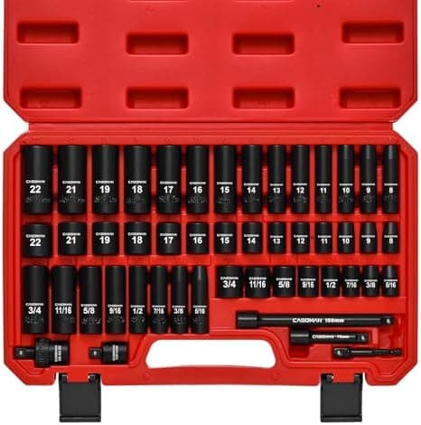 CASOMAN 3/8" Drive Impact Socket Set, 49 Piece Standard SAE and Metric Sizes (5/16-Inch to 3/4-Inch and 8-22 mm), 6 Point, Cr-V…
