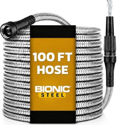 BIONIC STEEL 100 Ft Metal Garden Hose with Sprayer Nozzle, Non…