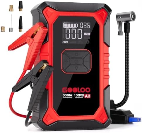 GOOLOO A3 Jump Starter with Air Compressor, 3000A Portable Car Battery Booster (9.0 Gas/6.5L Diesel) with 150PSI Auto-Shutoff…