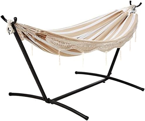 Amazon Basics Double Hammock with 9-Foot Space Saving Steel Stand and Carrying Case, 2 Person, 450 lb Capacity, Beige Stripe with…